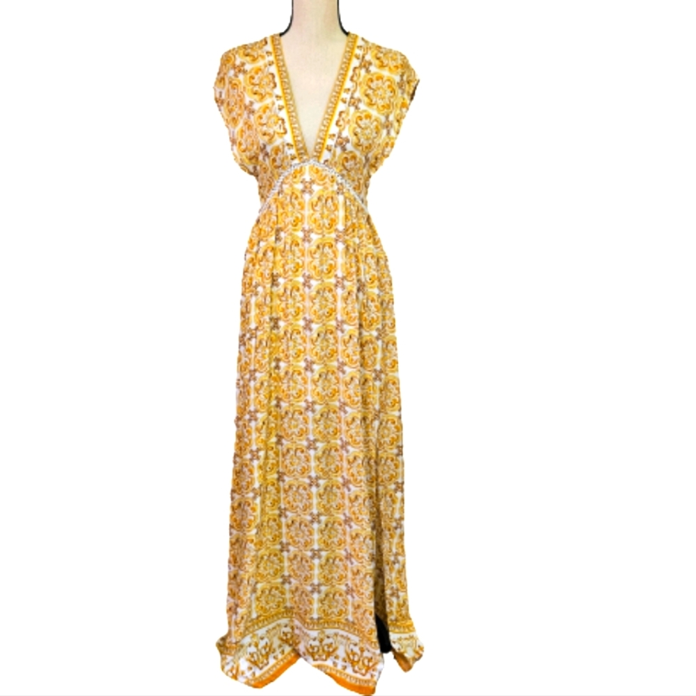 Loveriche Yellow Multi-Color Baroque V-Neckline Front Slit Maxi Dress,Small